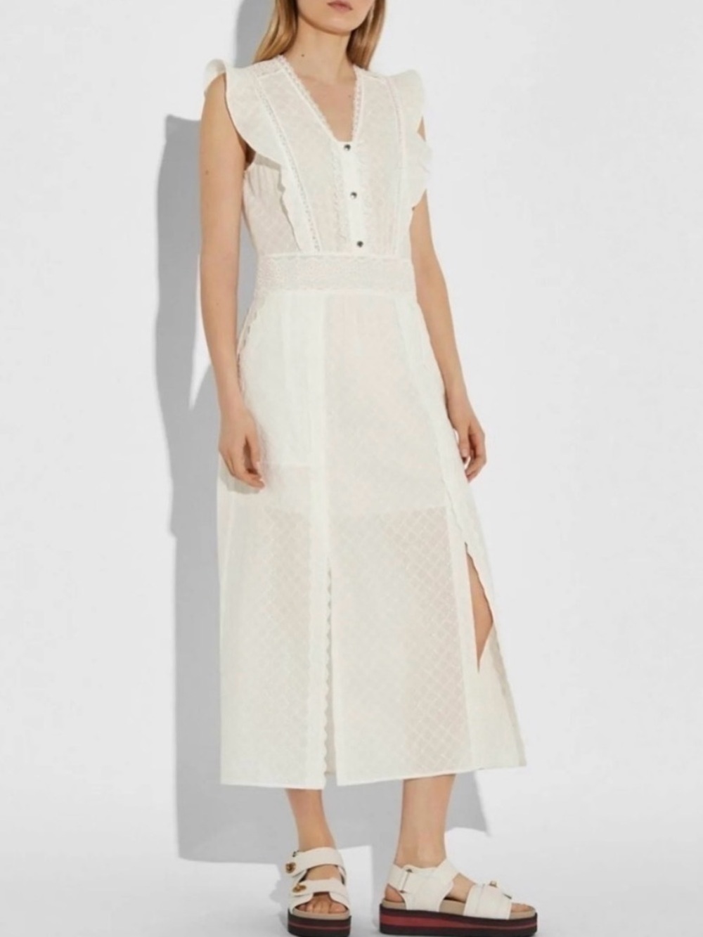 Coach Sleeveless Midi Dress with Lace Panels